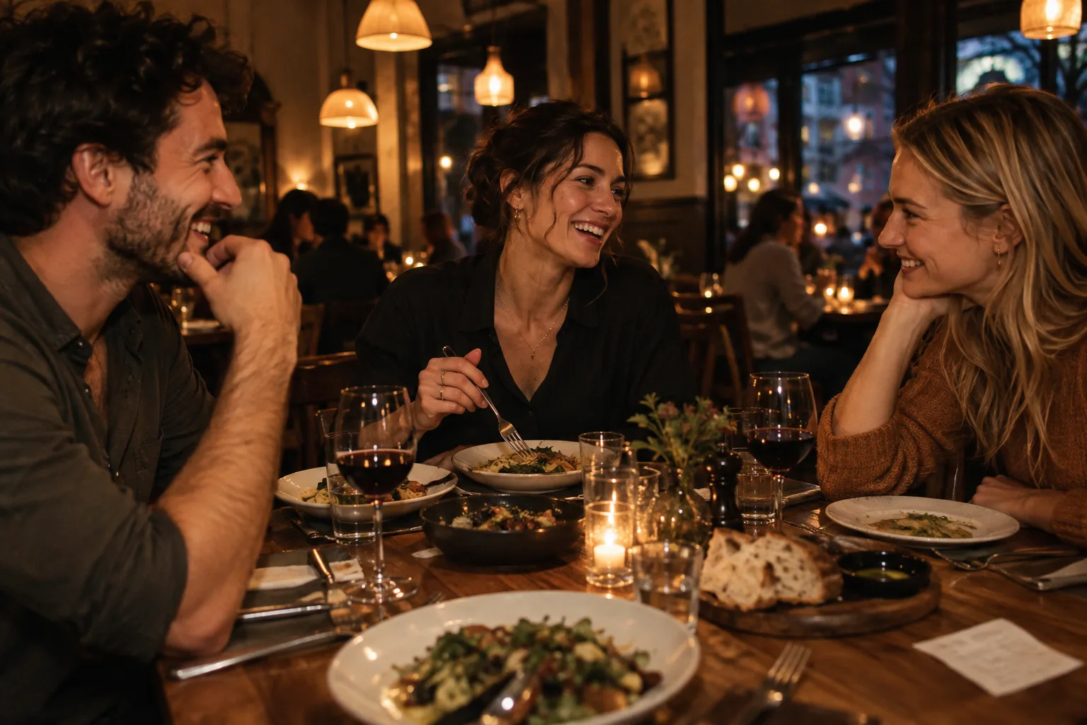 Three friends enjoying an easy dinner together at a restaurant